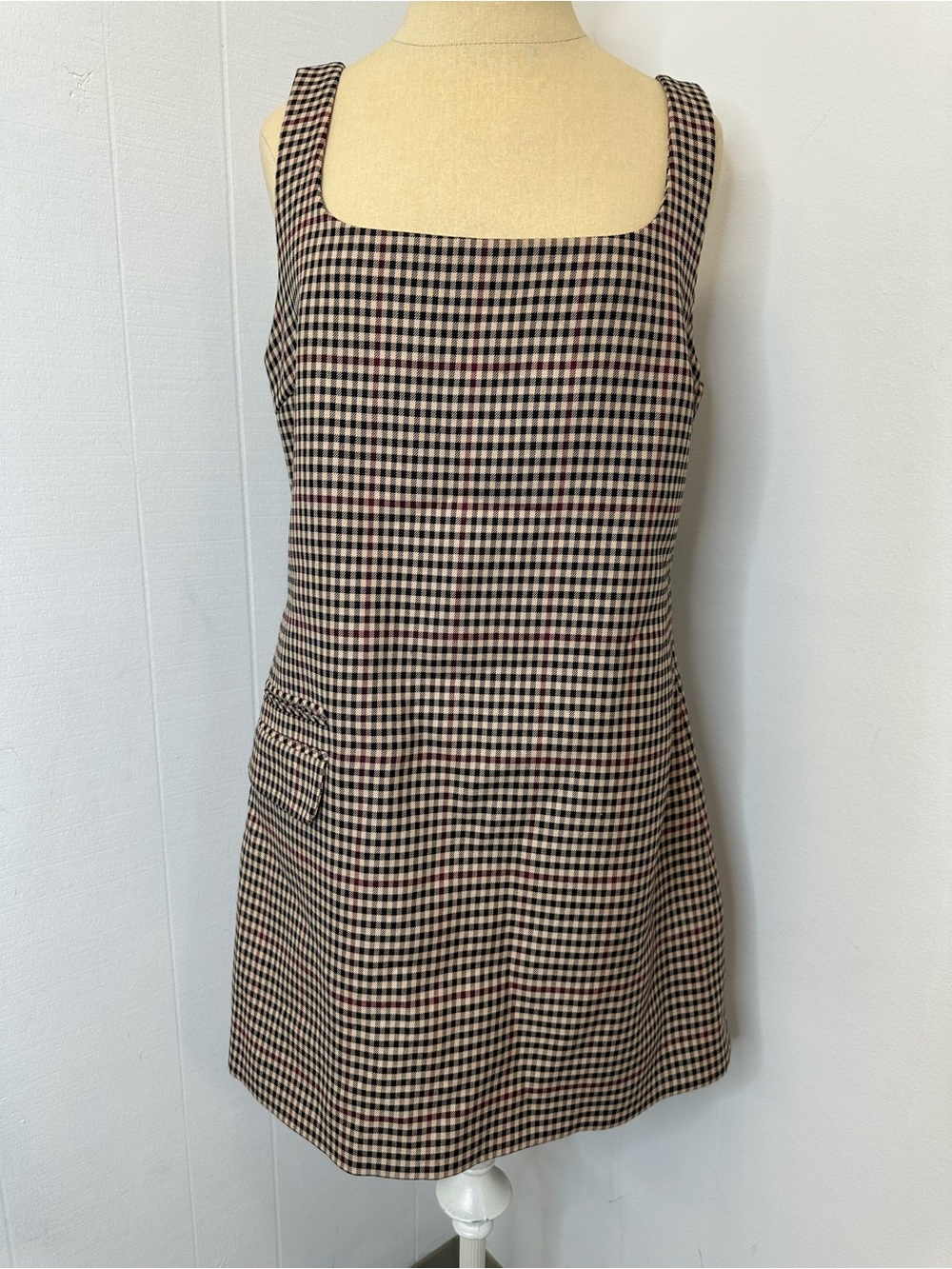 Zara Medium Brown Black Red Checked Square Neck Mini Dress School Girl
